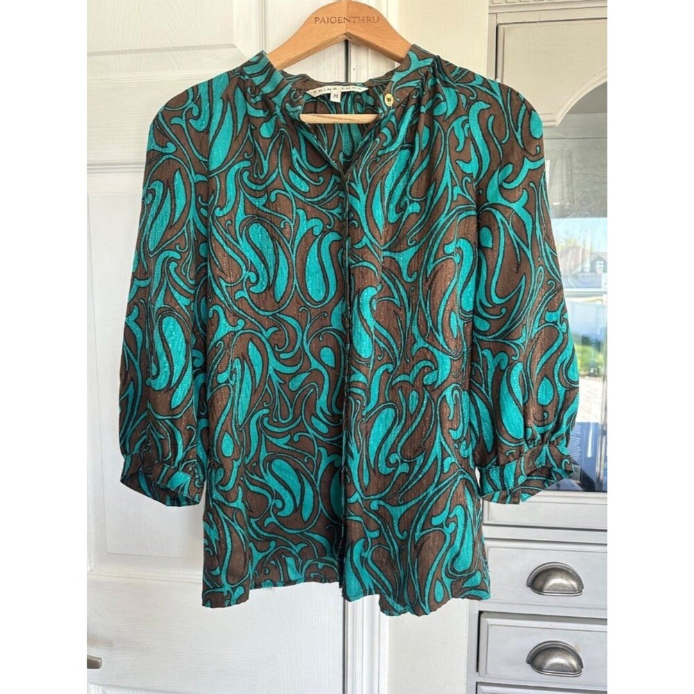 Trina Turk Women's M Brown Blue Paisley Silk Blouse Career Office Mature